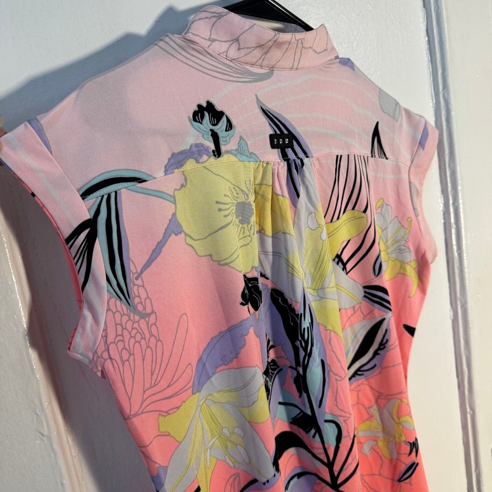Jamie Sadock Pink Floral Quarter Zip Golf Polo Sleeveless Top M Neon Retro Y2K - Picture 6 of 6